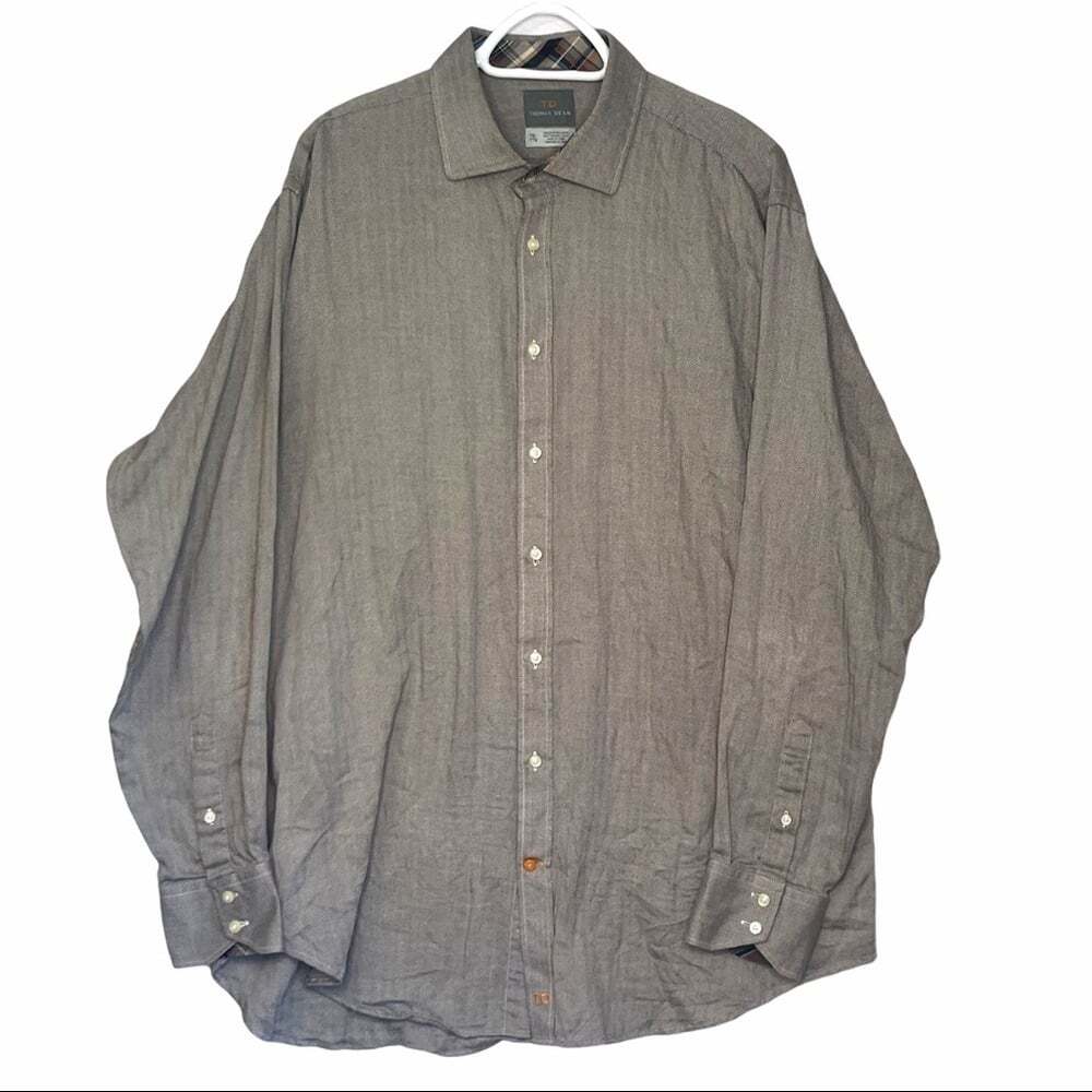 Thomas Dean XXL Purple Green Herringbone Patterned Long Sleeved Dress Sh…